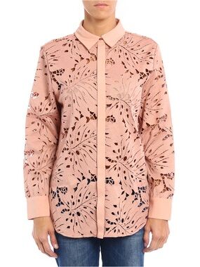 Self-Portrait Palm Guipure Lace Long-Sleeve Blush Pink Button Down Shirt Size 8
